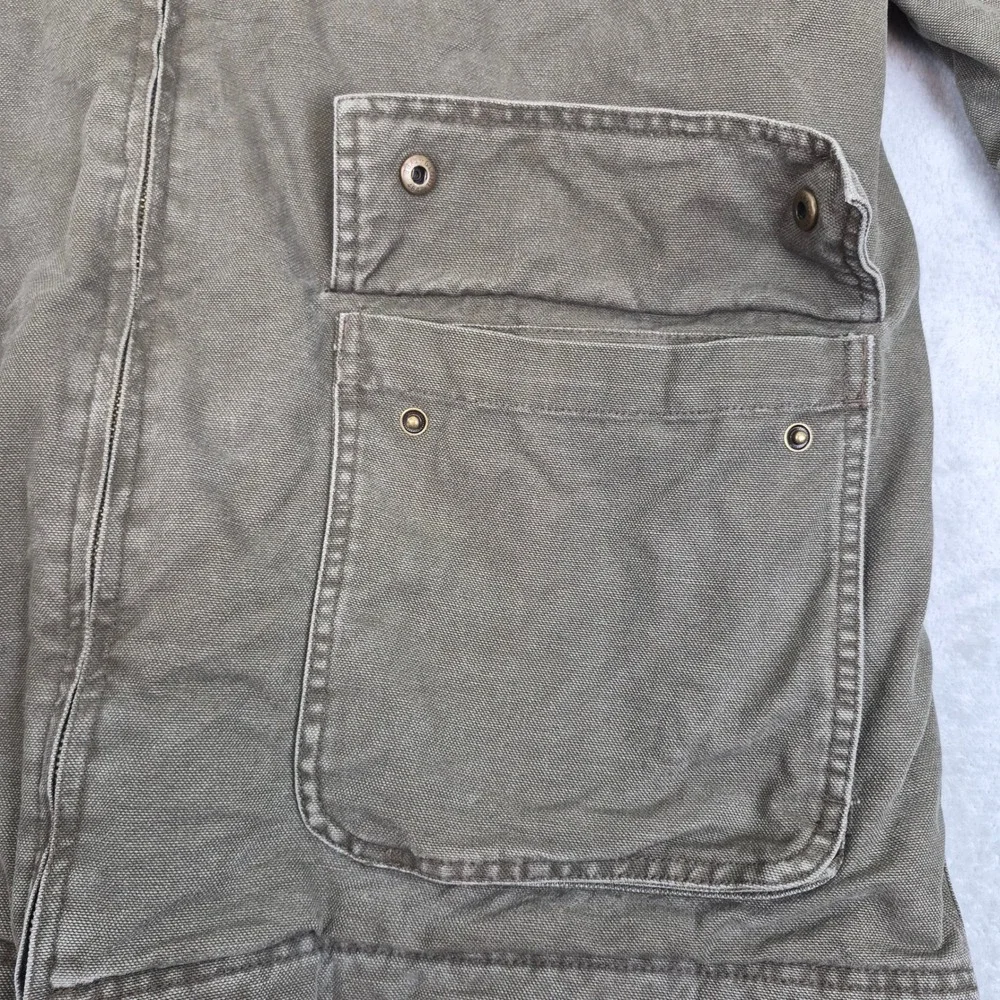 J Crew Mens Barn Jacket XL Olive Drab Canvas Leather Collar Plaid Field Coat